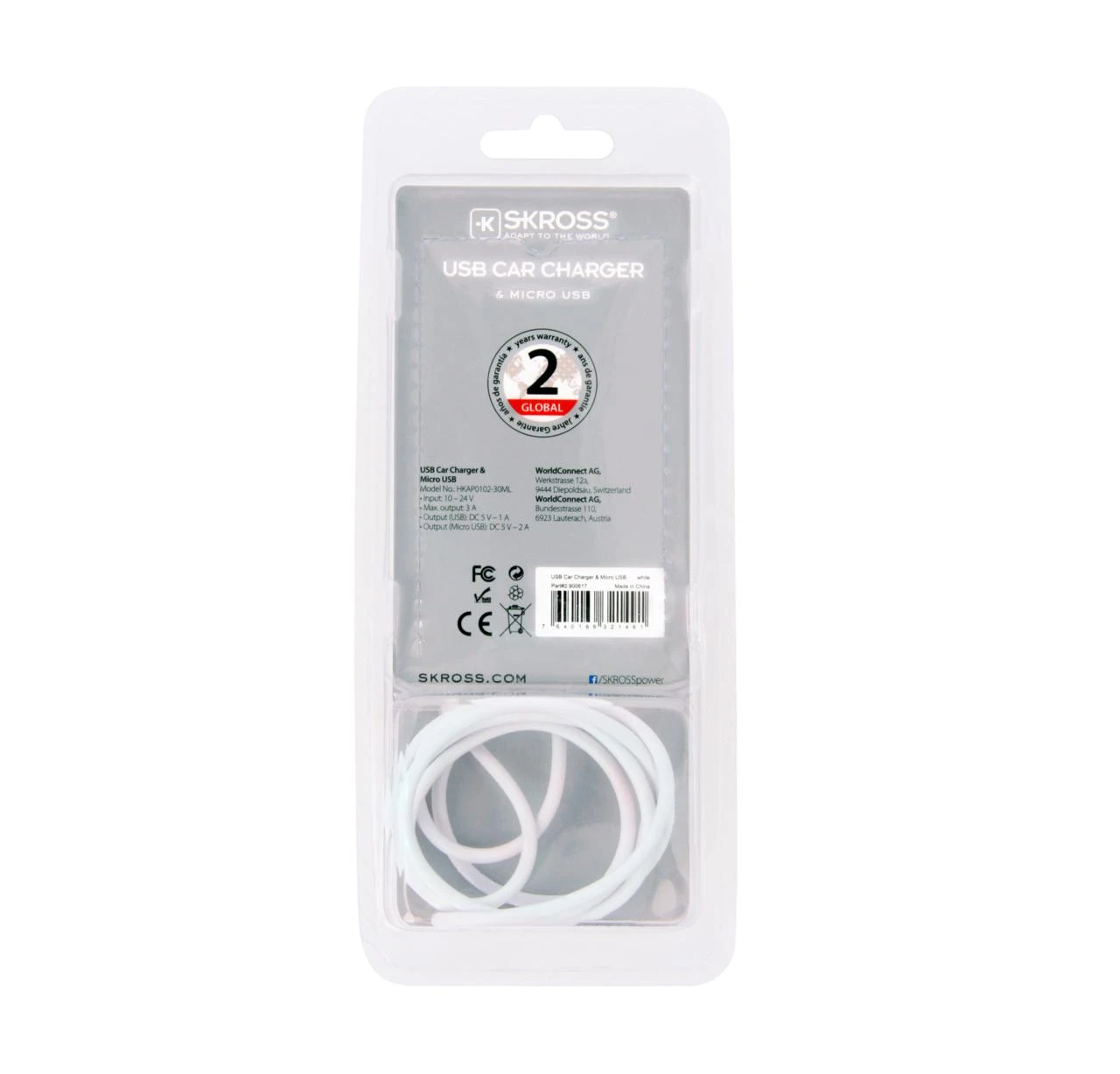 Įkroviklis Skross AUTOMOB. ĮKROVIKLIS ZAPALNICZKA SKROSS 1X USB 1A 12V/24V BALTA + KABELIS MICRO USB