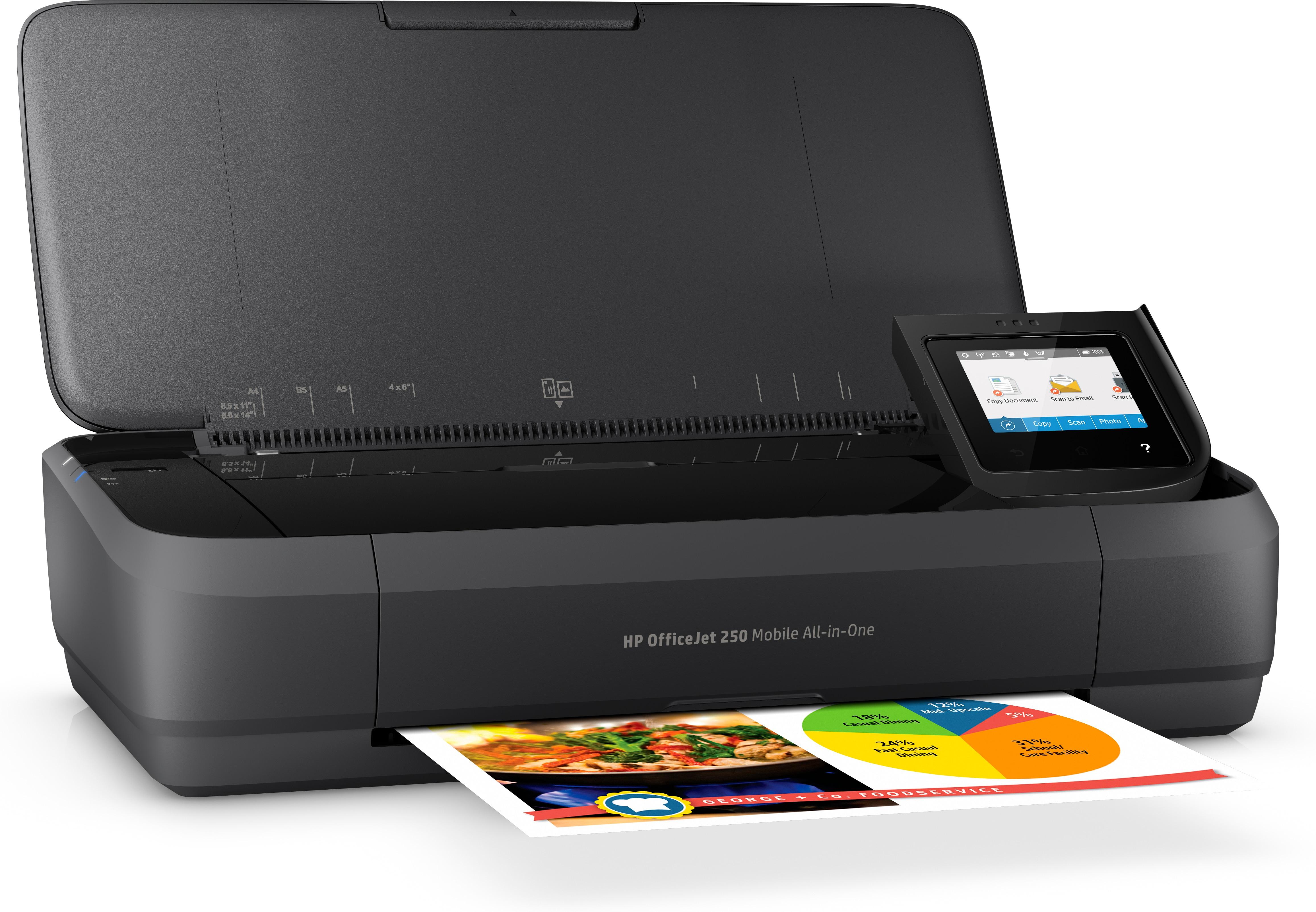 Hewlett Packard (HP) „HP Officejet 250“ mobilusis daugiafunkcis daugiafunkcis spalvotas rašalinis spausdintuvas, A4, 8 psl./min., kopijavimas, 10 psl./min., spausdinimas, 50 lapų, USB, „Wi-Fi“
