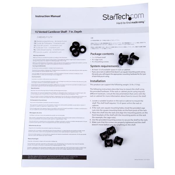 StarTech 19'' 1U lentyna Juoda (CABSHELF1U7V)