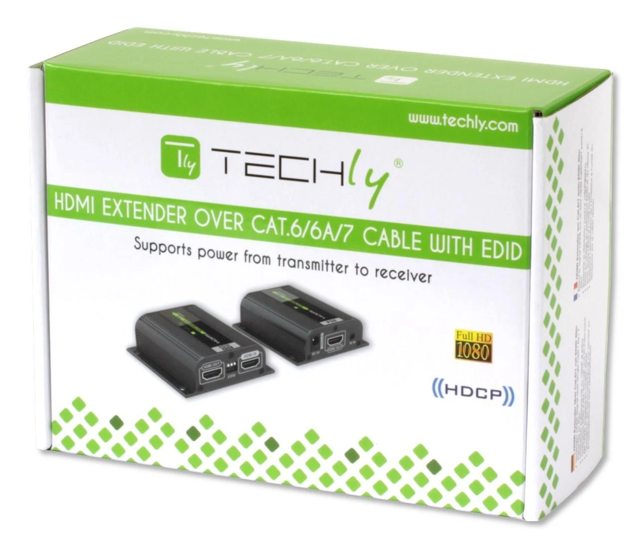 Techly HDMI plėstuvų dėžutė su adapterių atvaizdu