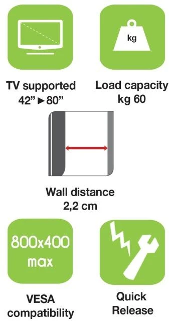 Laikiklis Techly 42–80 colių LED/LCD televizoriaus laikrodžio rodyklė, 60 kg, plonas, 22 mm