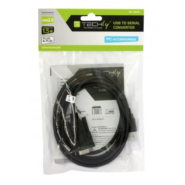 Techly USB į RS232/DB9 M/M keitiklis ant 1,5 m kabelio, plastikiniai maišeliai