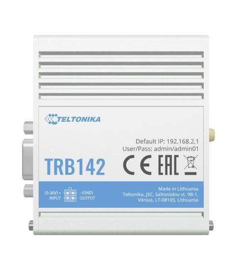Šakotuvas Teltonika TRB142003000 Šliuzas, 2G/3G/4G LTE (1 kategorija), aprūpintas RS232 nuosekliajam ryšiui | Teltonika | LTE šliuzas | TRB142 | Nėra „Wi-Fi“ | Ethernet LAN (RJ-45) jungtys 0 | Tinklo ryšio palaikymas: ne | MU-MiMO: ne | 2G/3G/4G | Antenos tipas: 1 x SMA, skirtas LTE | 1 x virtuali tinklo sąsaja per mikro USB