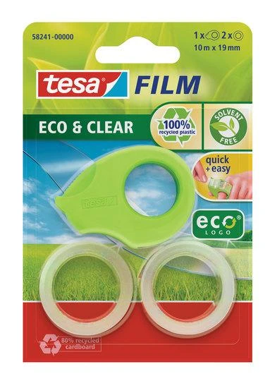 Lipnios juostelės dėklas TESA Mini Tape Dispenser eco su 2vnt. ekologiškų ir skaidrių lipnių juostelių 19mm x 10m