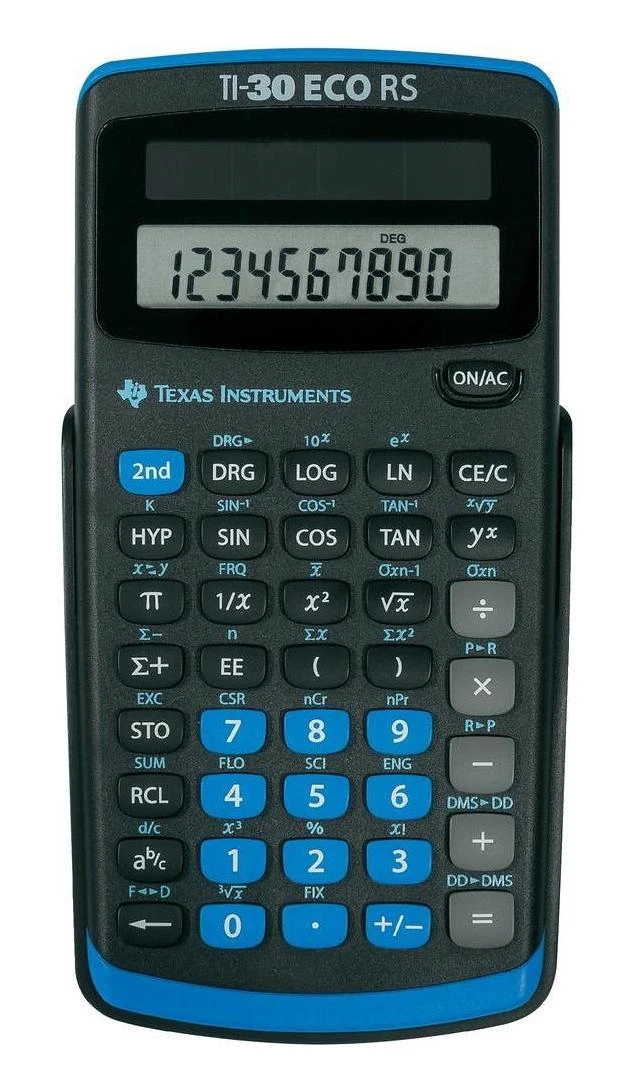 Texas Instruments mokslinis skaičiuotuvas su mėlynais akcentais