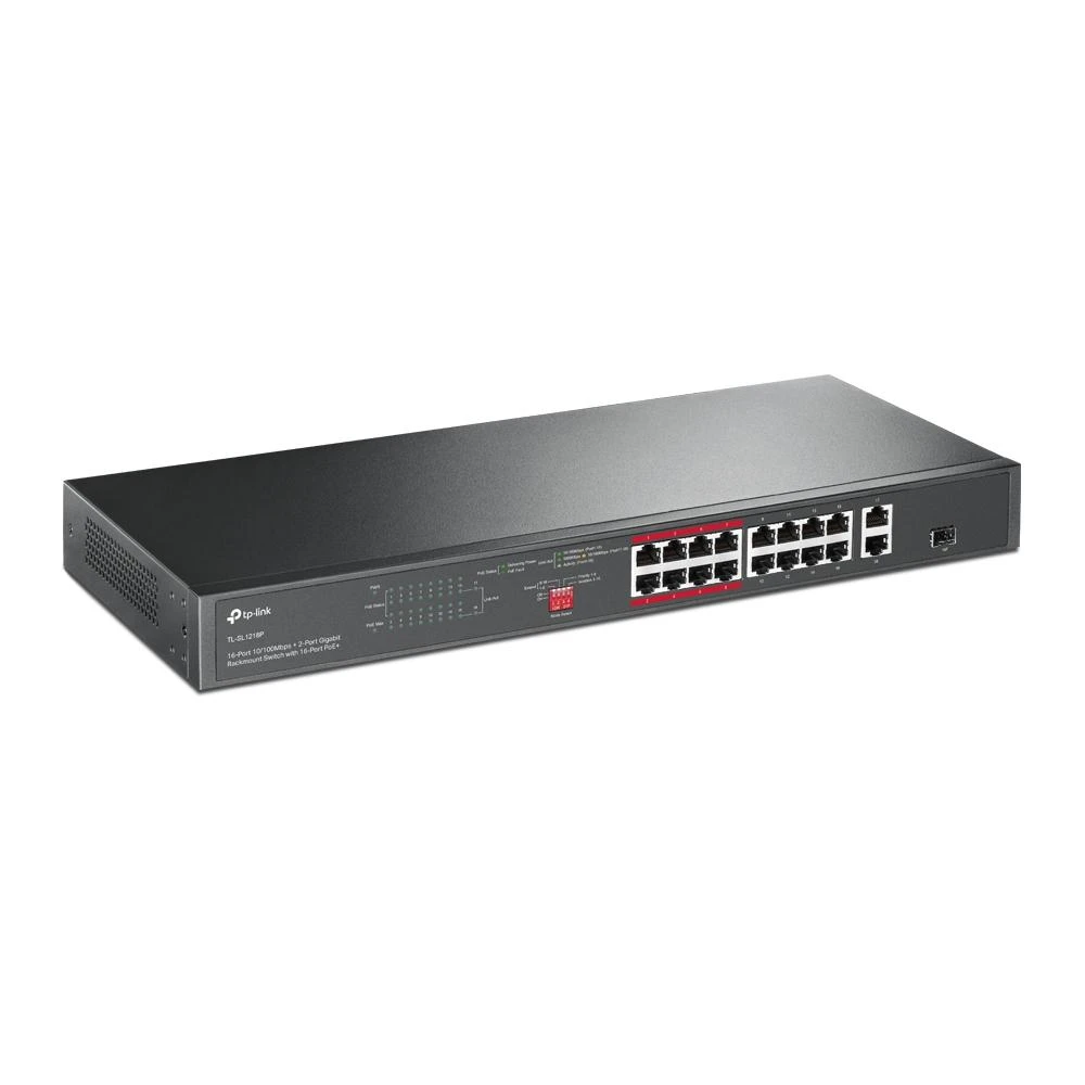 Šakotuvas TP-LINK jungiklis TL-SL1218P Nevaldomas, montuojamas ant stovo, 10/100 Mbps (RJ-45) jungtys kiekis 16, PoE+ jungtys kiekis 16