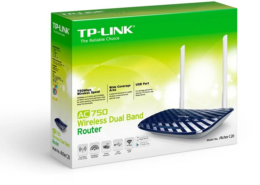 TP-Link Archer C20 433Mbps at 5GHz + 300Mbps at 2.4GHz 802.11ac/a/b/g/n
