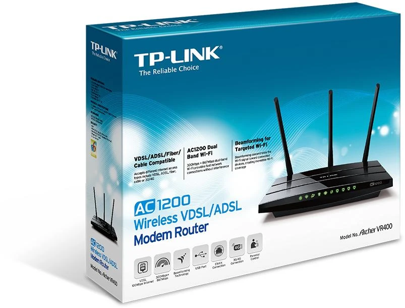 Maršrutizatorius TP-LINK VR400 (3G/4G USB, ADSL (telefono jungtis), ADSL2+, VDSL2, 2,4 GHz, 5 GHz)