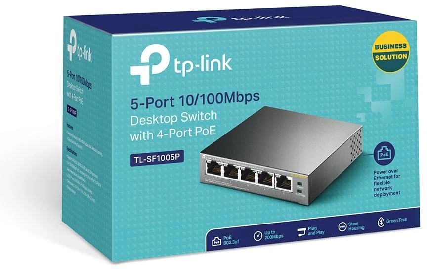 Šakotuvas TP-LINK 5 prievadų 10/100Mbps stalinis komutatorius su 4 prievadų PoE, 5 10/100Mbps RJ45 jungtimis, įskaitant 4 PoE jungtis, 58 W PoE maitinimo šaltinį, plienas