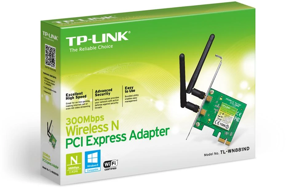 TP-LINK 300MBit/s WLAN-N PCI Express adapteris Atheros-Chipsatz 2T2R 2,4GHz 802.11b/g/n 2 nuimamos antenos