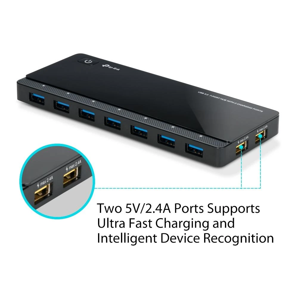 TP-LINK 7 jungtys USB 3.0 Hub su 2 maitinimo įkrovikliais jungtys 2.4A Max Desktop ir 12V/4A maitinimo adapteris