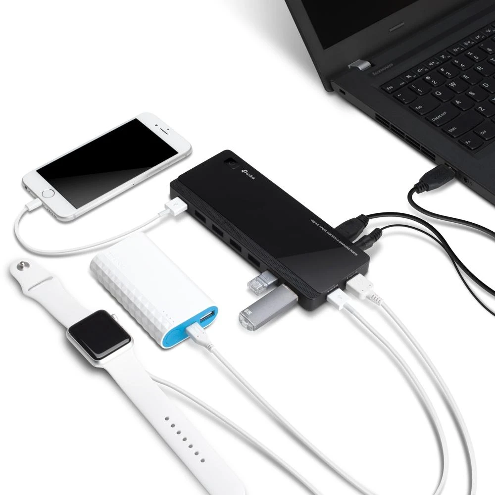 TP-LINK 7 jungtys USB 3.0 Hub su 2 maitinimo įkrovikliais jungtys 2.4A Max Desktop ir 12V/4A maitinimo adapteris