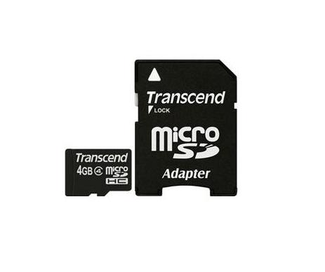 Transcend Micro SDHC 4GB Class4 19/5 MB/s atminties kortelė + adapteris