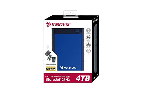Transcend Išorinis kietasis diskas HDD 4TB USB3 25H3B 2.5'', Triguba apsaugos nuo smūgio sistema