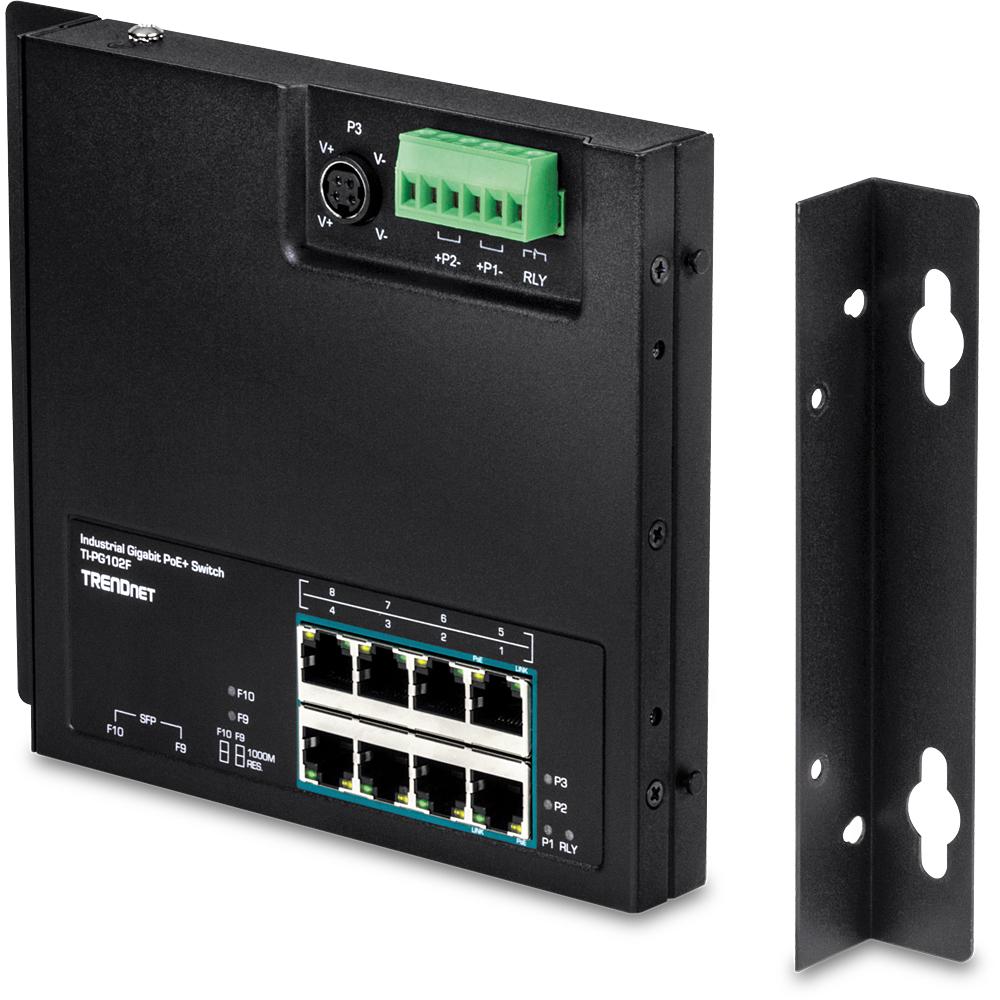Šakotuvas TRENDnet 10 prievadų pramoninis Gigabit PoE+ WallMount priekinis Acc