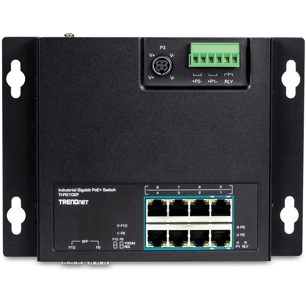 Šakotuvas TRENDnet 10 prievadų pramoninis Gigabit PoE+ WallMount priekinis Acc