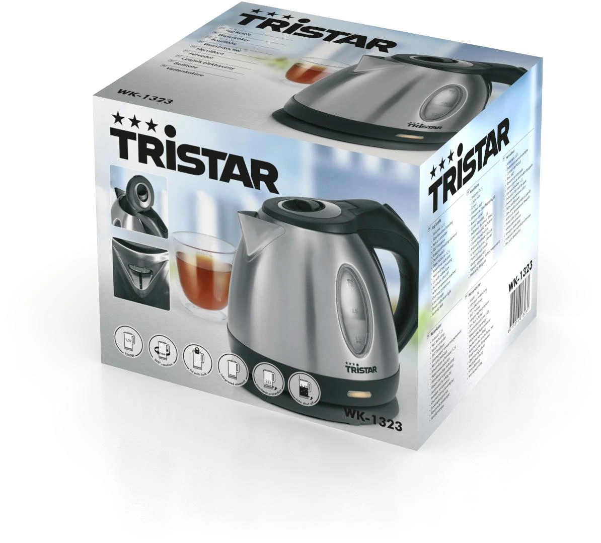 Tristar | Jug Virdulys | WK-1323 | Standard | 1500 W | 1.2 L | Nerūdijantis plienas | 360° rotational base | Sidabrinis