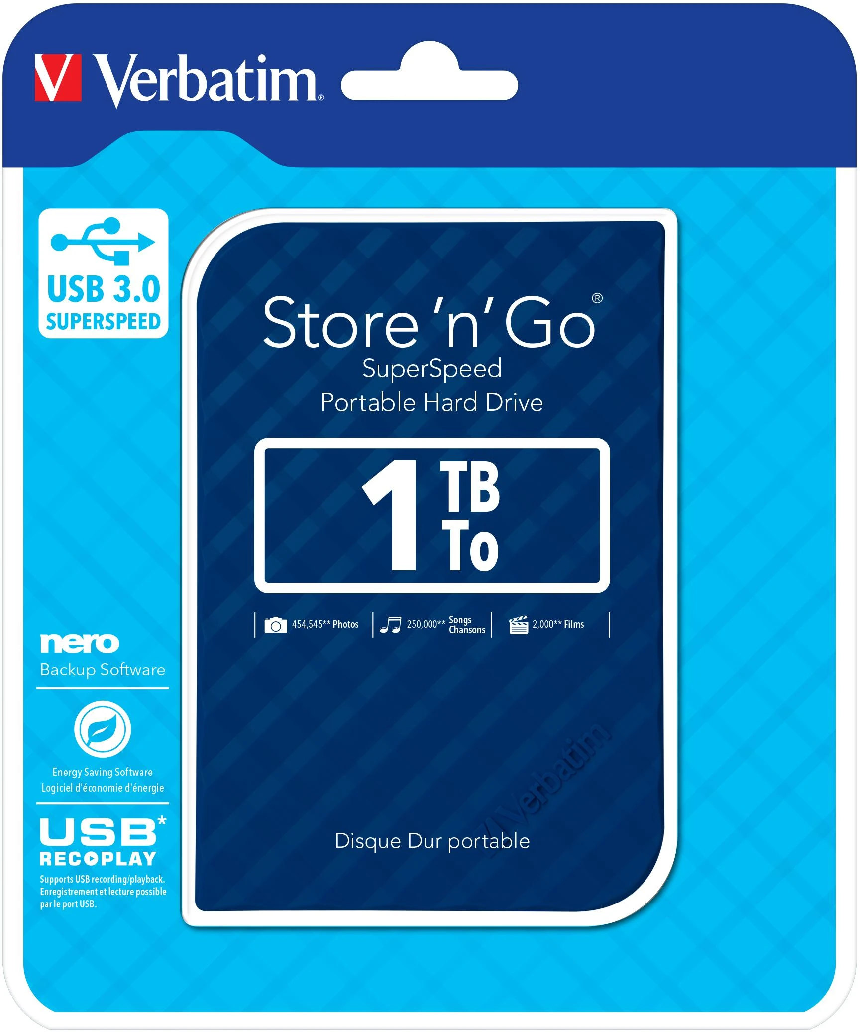 „Verbatim“ išorinis kietasis diskas, „Store n Go“, 2,5 colio, USB 3.0 (3.2 Gen 1), 1 TB, 53200, mėlynas