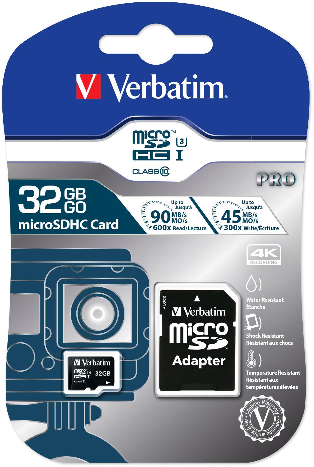 Verbatim Atminties kortelė Micro SD 32GB + adapter Pro U3 juodos spalvos 47041