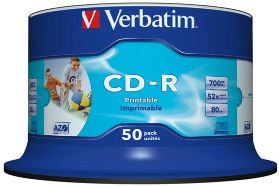VERBATIM 43745 CD-R Verbatim 50vnt, 700MB, 52x, verpstė Baltas PLATUS SPAUSDINAMAS PAVIRŠIAUS