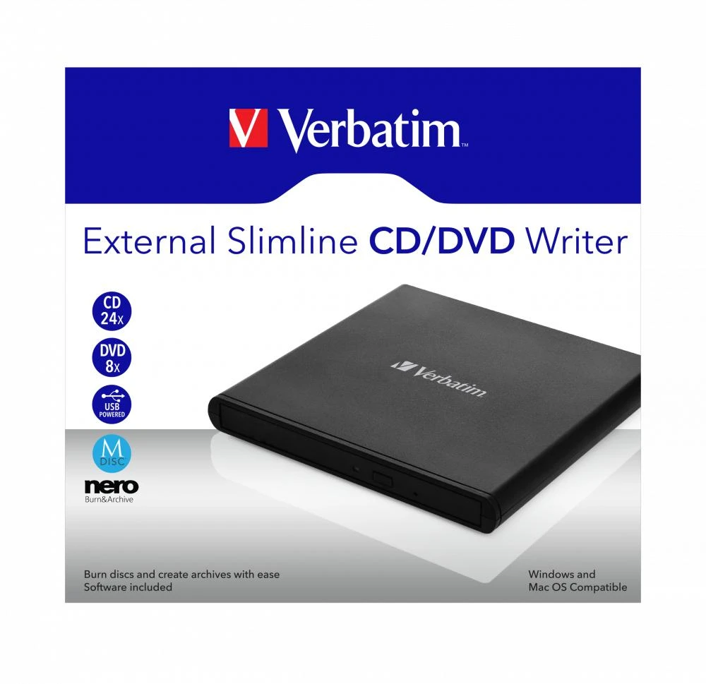 Išorinis otinis įrenginys Verbatim Slimline DVD USB2.0 juodos spalvos 53504