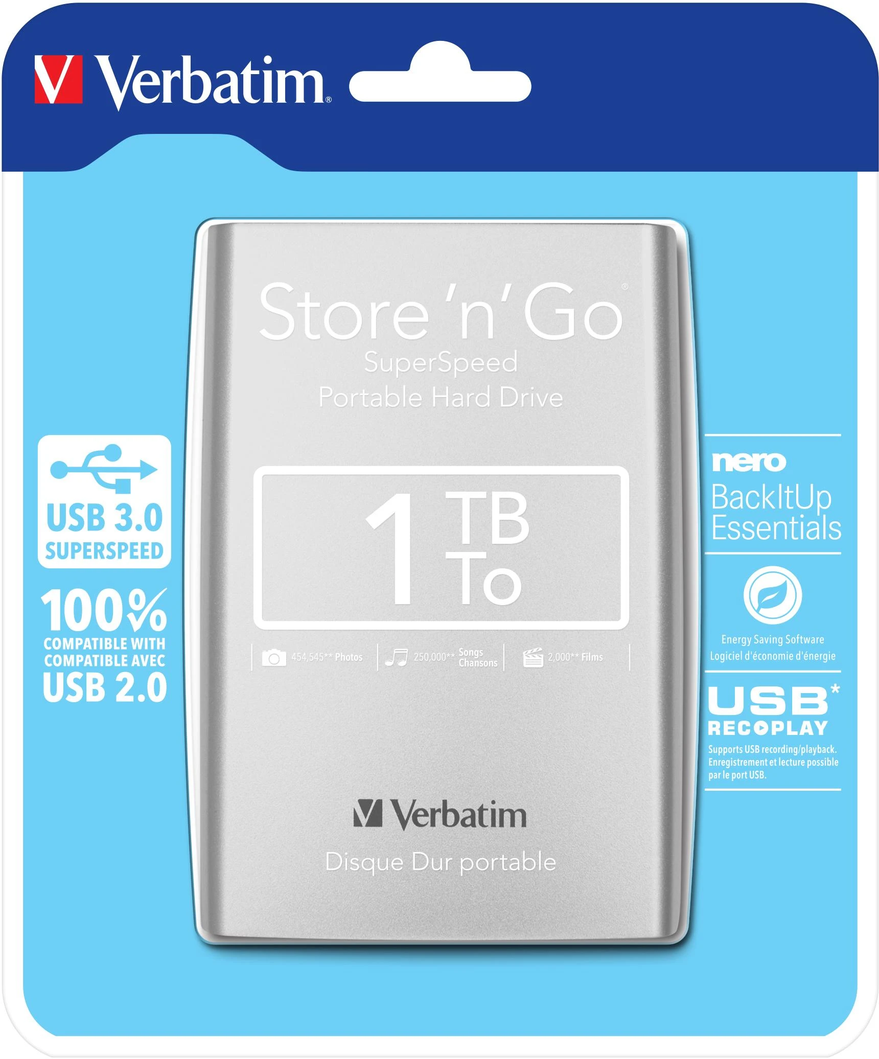Kietasis Išorinis diskas Verbatim Store & Go 2.5'' 1TB USB3, Sidabrinis