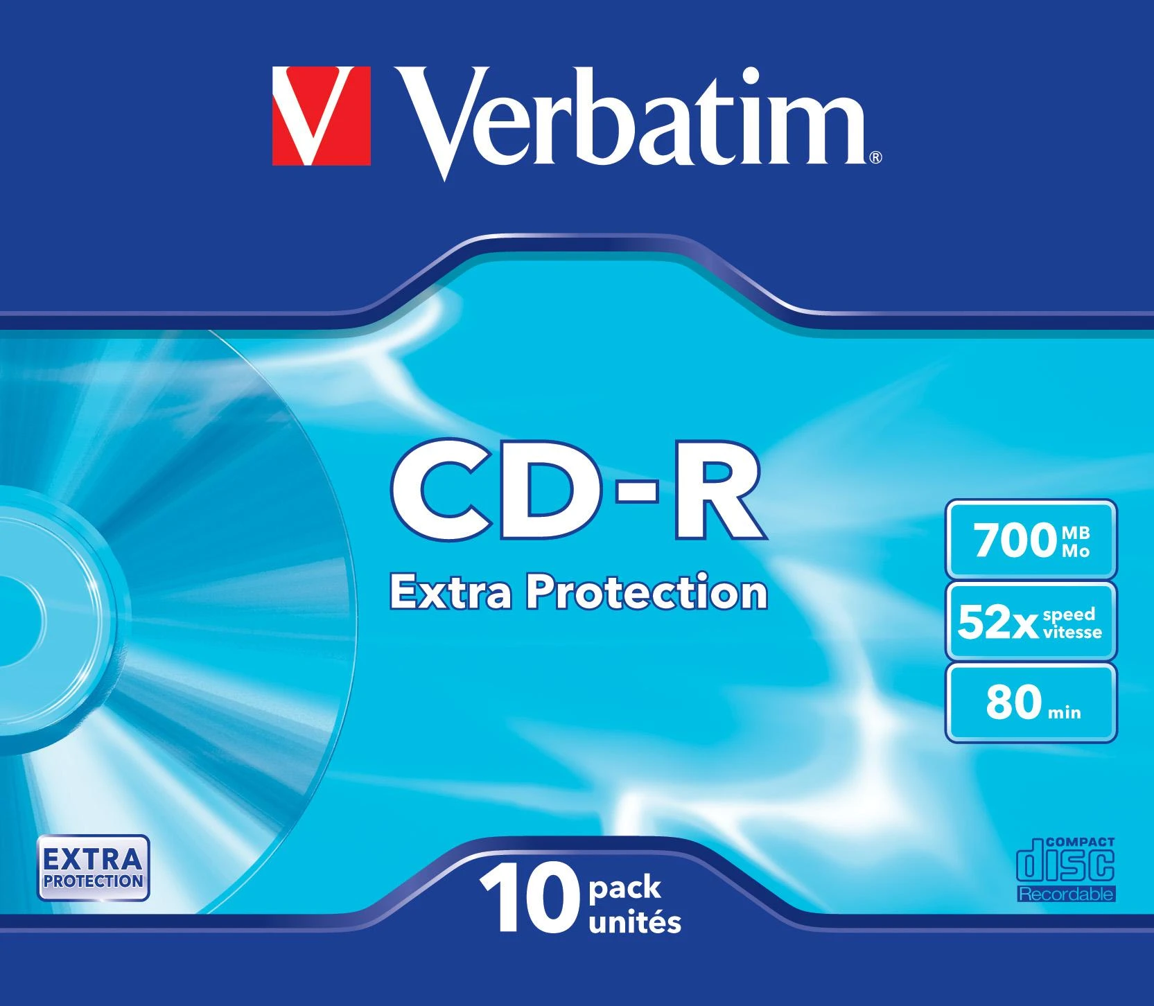 VERBATIM CD-R 80 min. / 700 MB 48x 10 pakuočių plonas dėklas DataLife, papildomas apsauginis paviršius