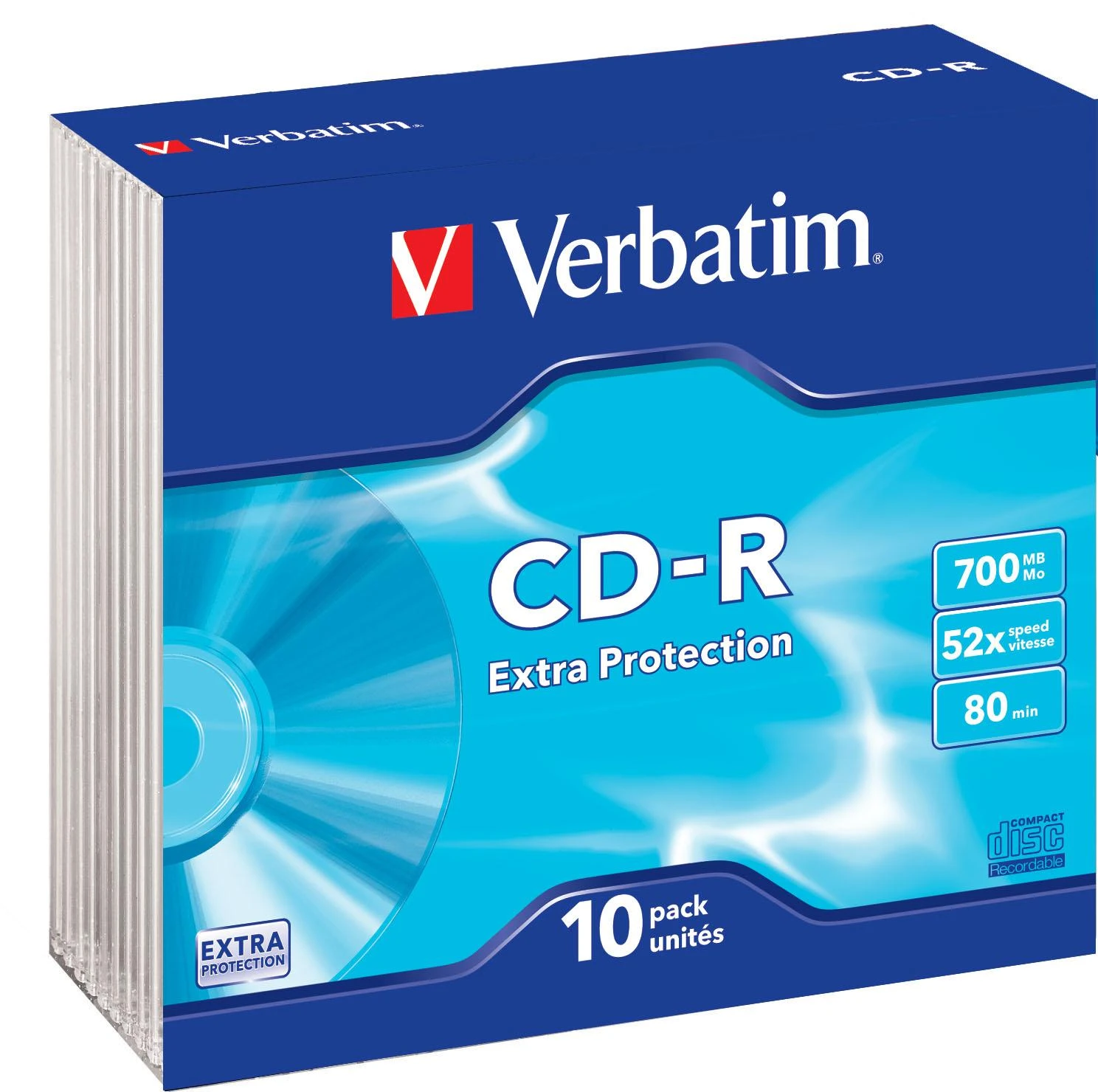 VERBATIM CD-R 80 min. / 700 MB 48x 10 pakuočių plonas dėklas DataLife, papildomas apsauginis paviršius
