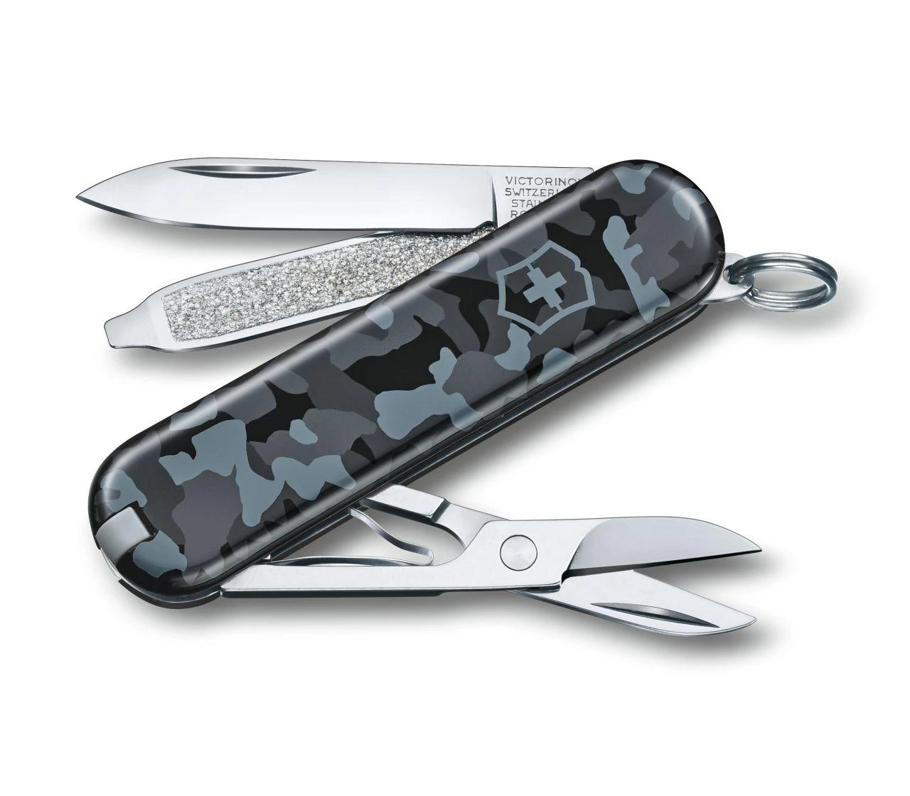 Victorinox Classic Navy Camo su atlenktais įrankiais