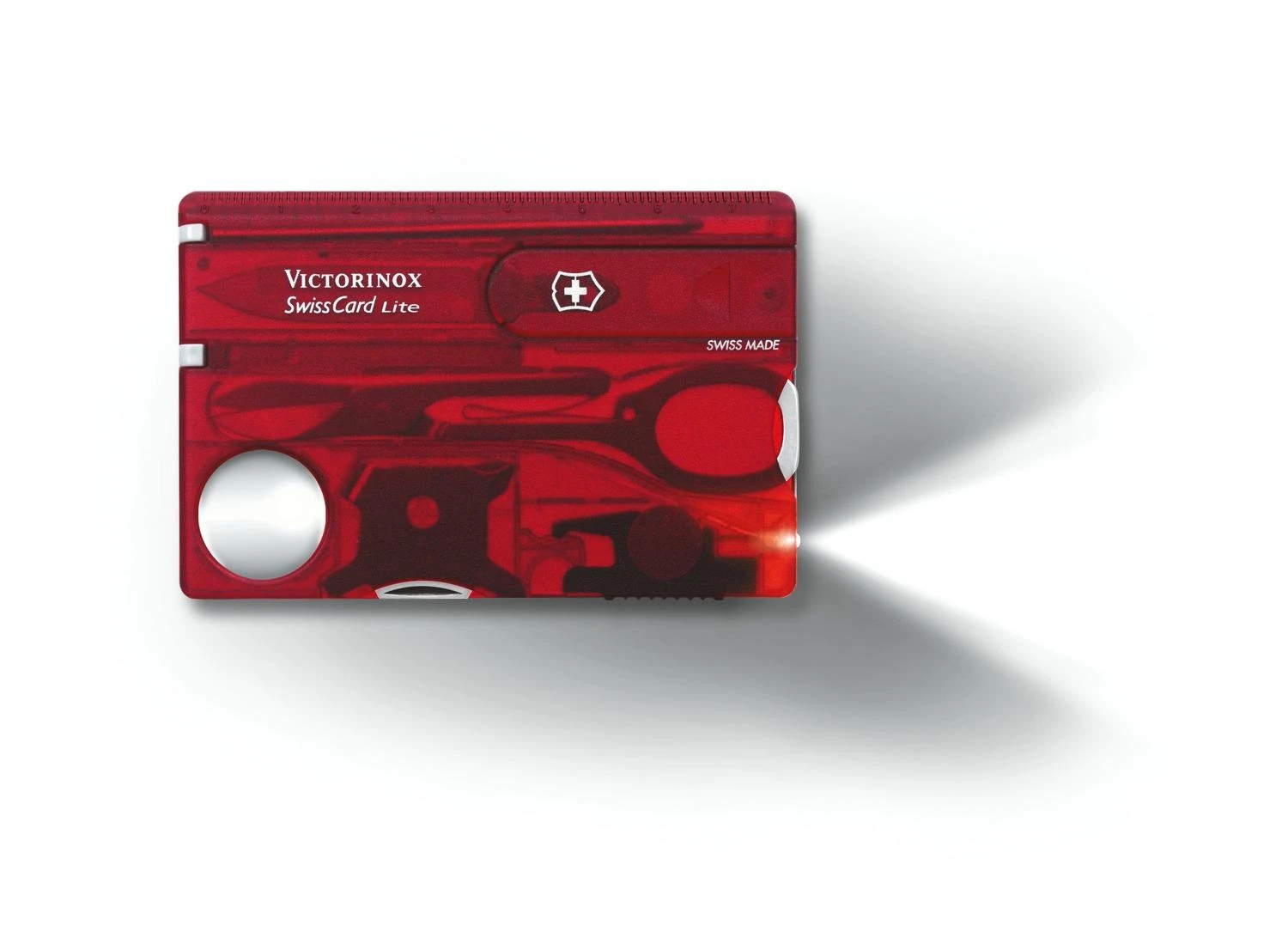 Victorinox SwissCard Lite su įjungtu LED žibintuvėliu