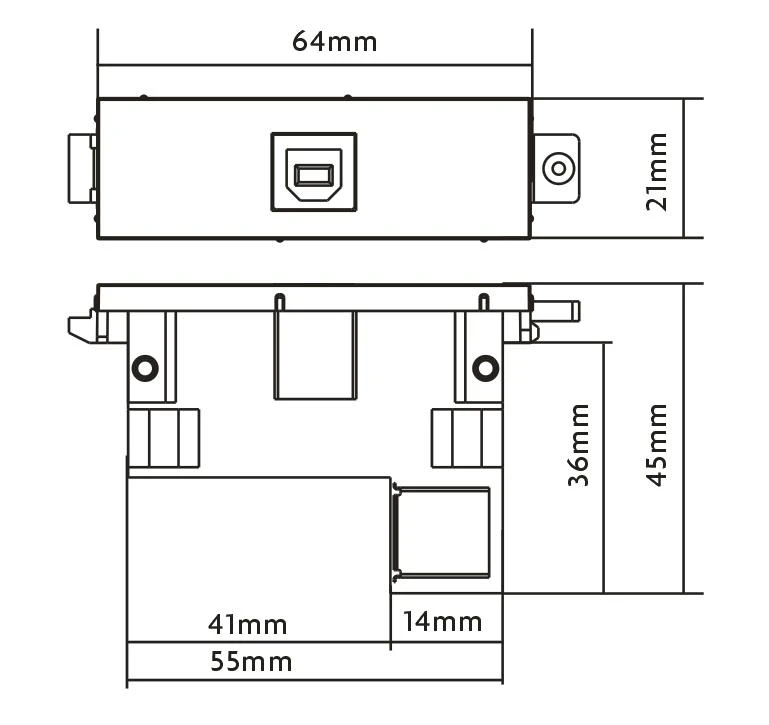 USB modulio techninė schema su matmenimis