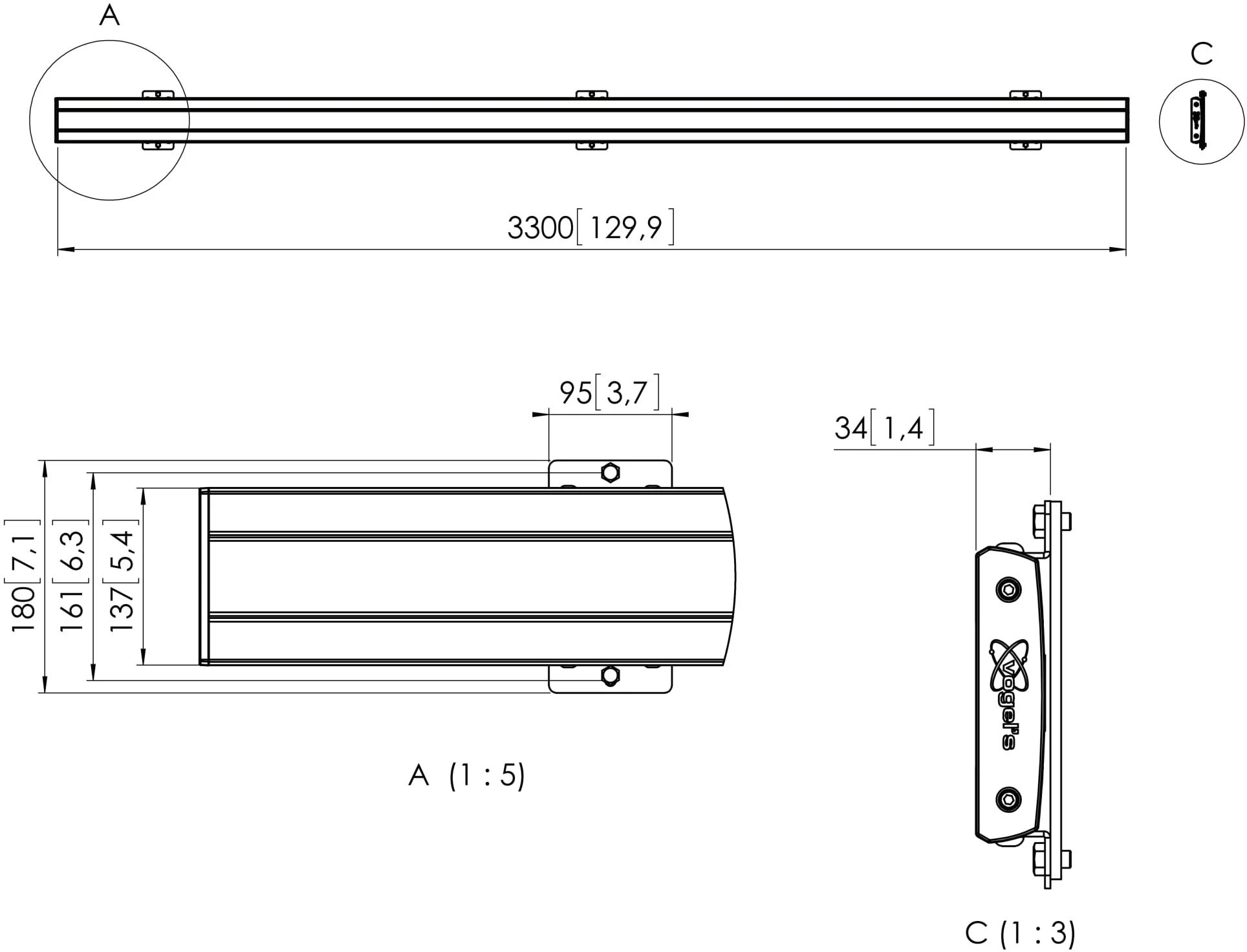 Laikiklis Vogel's WH 331.5cm PFB 3433 Adapterbar juodas