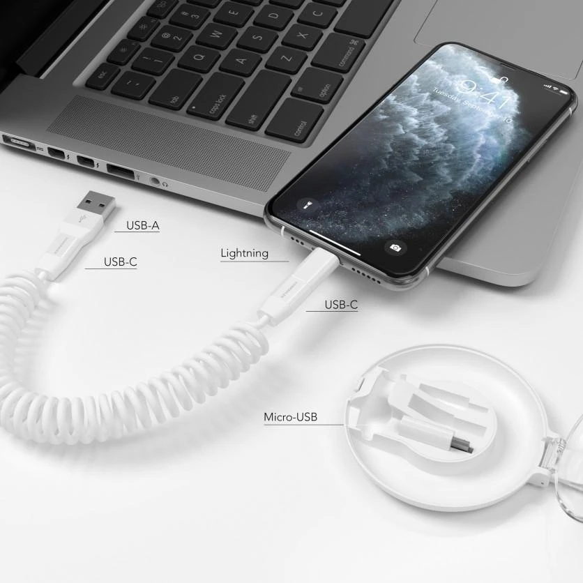 USB kabelis Vonmählen USB-A + USB-C - USB-C + Žaibas 0,75 m baltos (ALC00002)