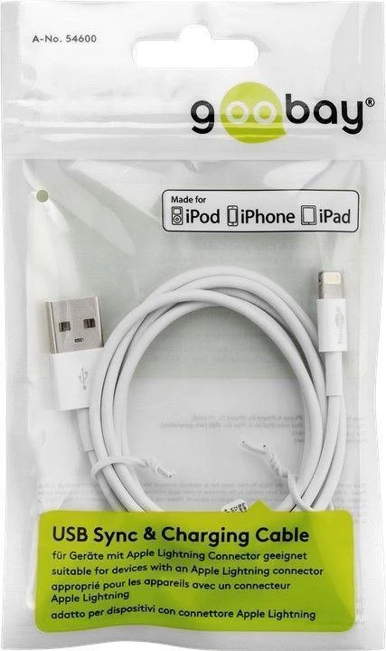 „Goobay Lightning“ į USB 2 m baltas [Apple MFI sertifikuotas / sinchronizavimo / įkrovimo kabelis / duomenų kabelis]