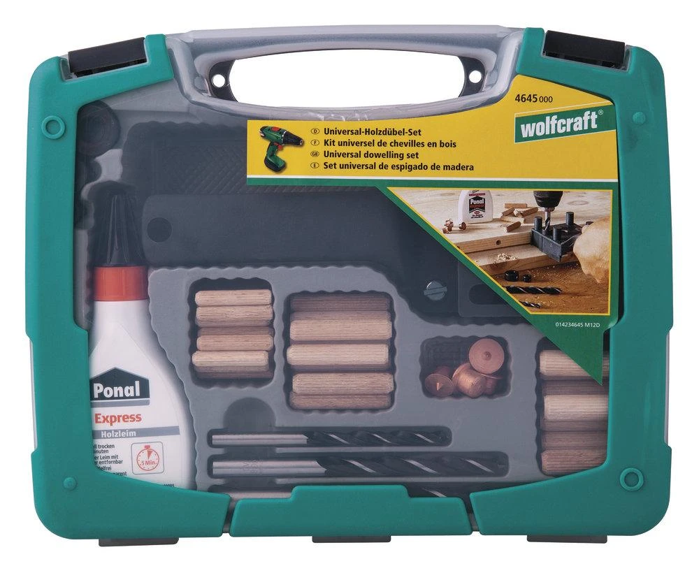 Wolfcraft Universalus medienos kaiščių, grąžtų ir šablonų rinkinys lagamine 4645000