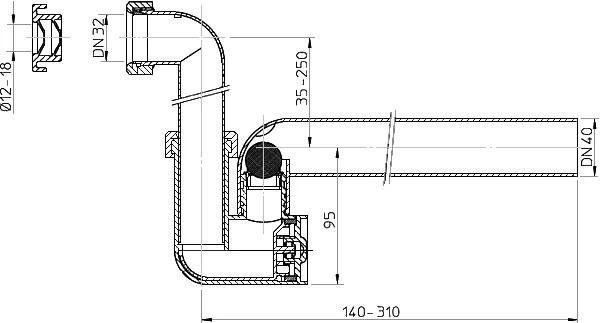 Hl Hutterer Lechner Sifonas (skaidrus) kondensato nuvedimui DN40 horizontalus DN40 , DN32 su vertikalia arba horizontalia jungtimi, šaratu ir pravalymu