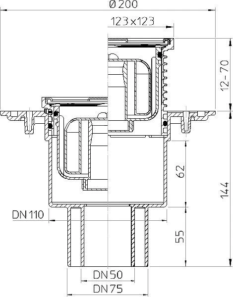 Hl Hutterer Lechner Trapas vidaus patalpoms DN50/75/110 vertikalus su sausu sifonu "Primus mėlynas", 123x123mm/115x115mm