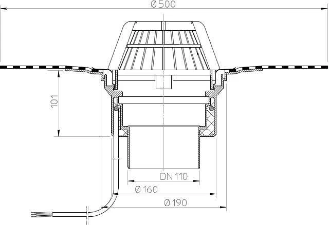 Hl Hutterer Lechner Įlaja vertyikali DN110 su bituminiu flanšu ir integruotu el. šildymo kabeliu (10-30W, 220V)