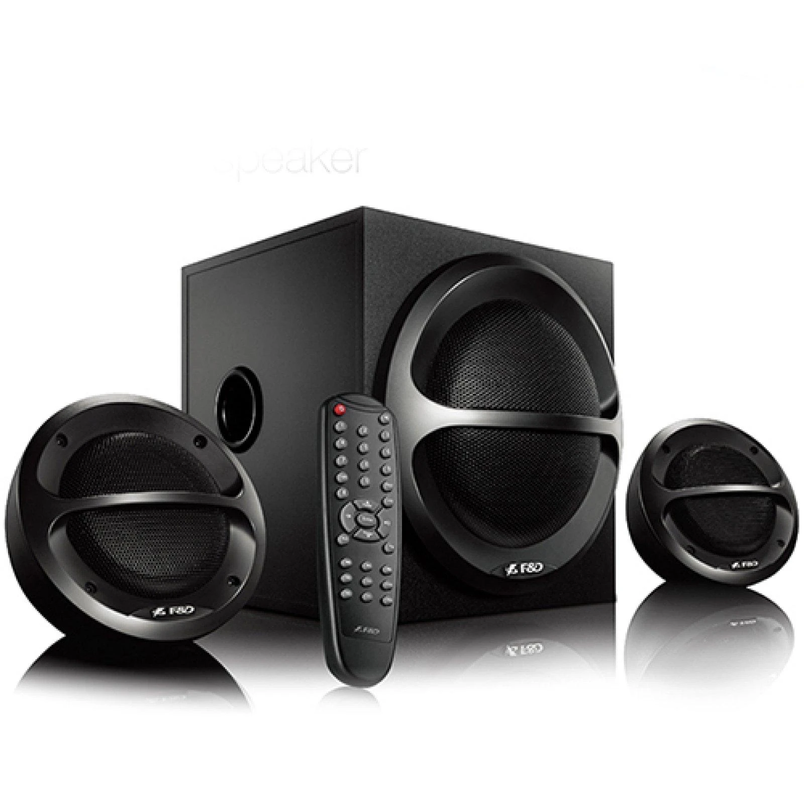Kompiuterio kolonėlės Fenda F&D A111X 2.1 daugialypės terpės garsiakalbiai, 35 W RMS (11 Wx2 + 13 W), 2x4 colių palydovai + 4 colių žemųjų dažnių garsiakalbis, BT 5.0 / AUX / USB / FM / nuotolinio valdymo pultas / medinis / Juodas