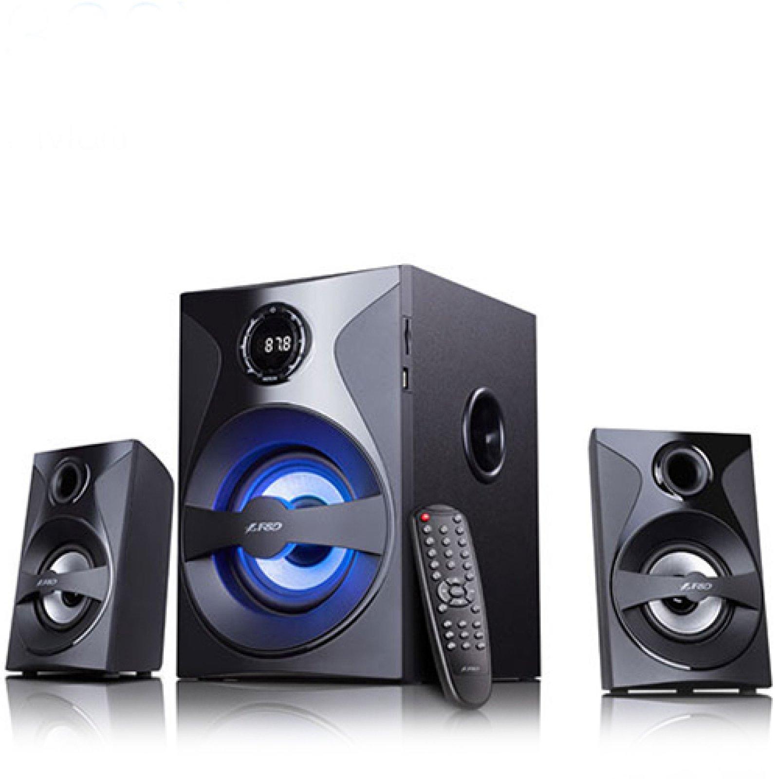 Kompiuterio kolonėlės Fenda F&D F380X 2.1 daugialypės terpės garsiakalbiai, 54 W RMS (13 Wx2 + 28 W), 2x3 colių palydovai + 5,25 colių žemųjų dažnių garsiakalbis, BT 5.0 / NFC / AUX / USB / FM / SD kortelių skaitytuvas / kelių spalvų LED / LED Ekranas / nuotolinio valdymo pultas /Medinis/Juodas