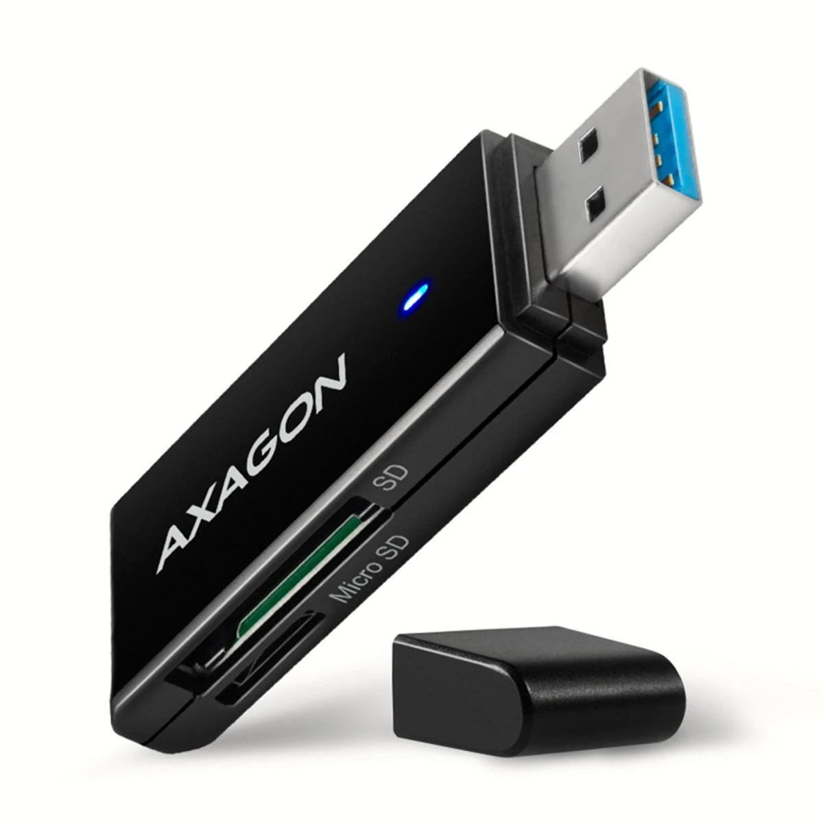 Axagon Slim itin spartus USB 3.2 Gen 1 kortelių skaitytuvas su tiesiogine USB-A jungtimi.