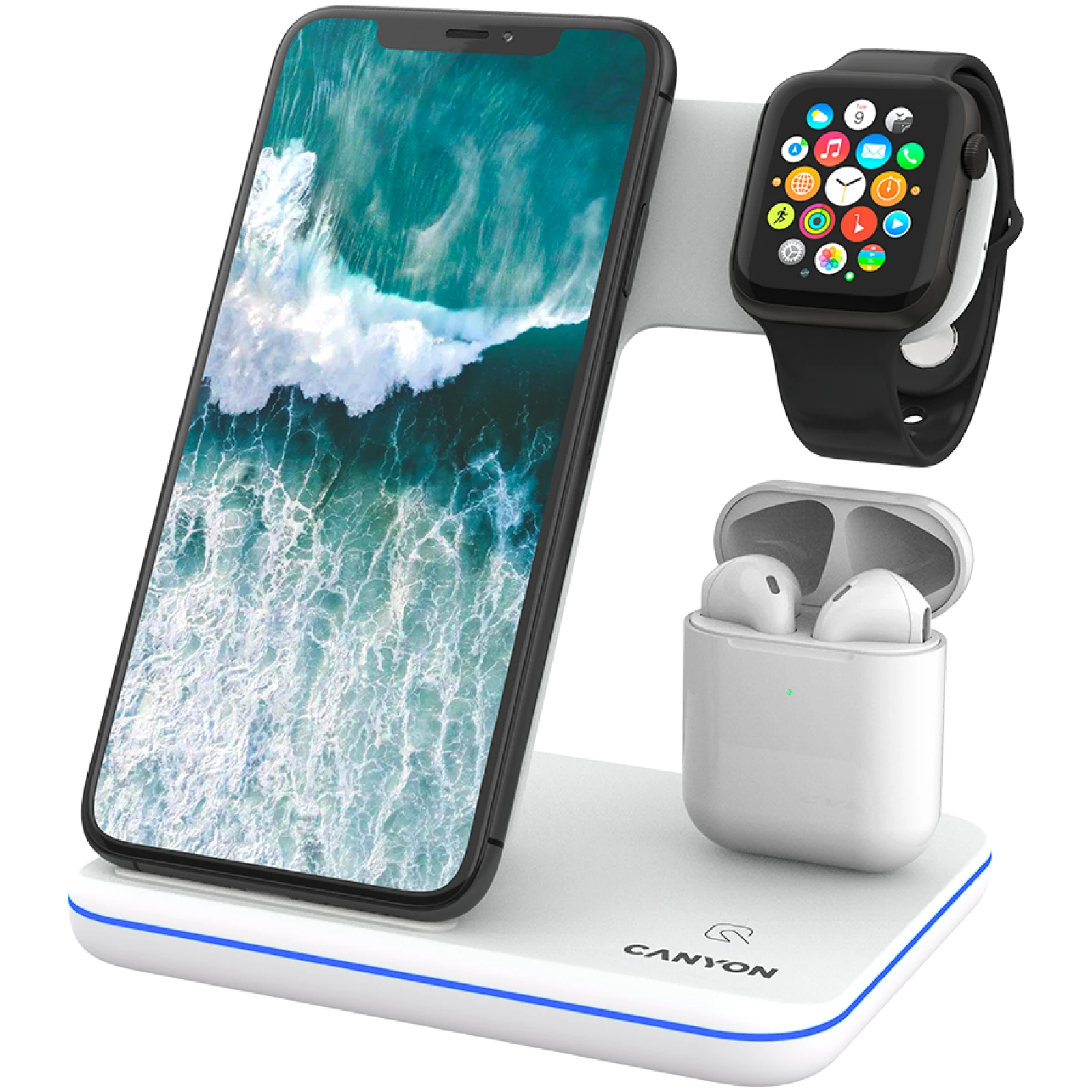 Universalus Belaidis įkroviklis Canyon 3in1 Wireless Charger WS-302, tinka vienu metu įkrauti Apple Watch, iPhone ir Airpods