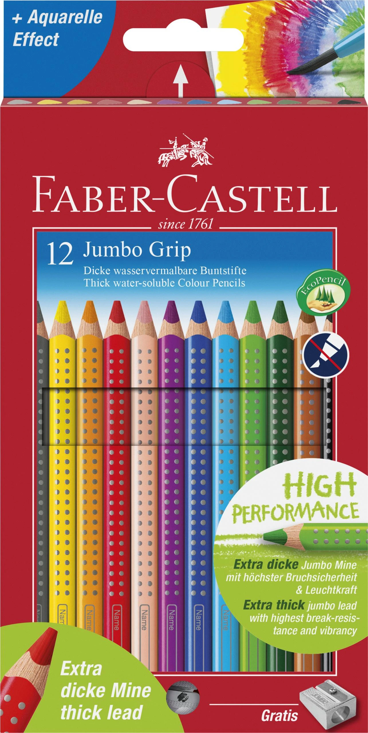 Spalvoti akvareliniai pieštukai Faber-Castell Grip Jumbo, tribriauniai, 12 spalvų