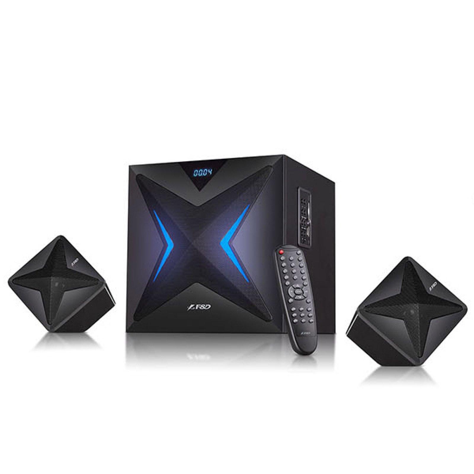 Kompiuterio kolonėlės Fenda F&D F550X 2.1 daugialypės terpės garsiakalbiai, 56 W RMS (14 Wx2 + 28 W), 2x3 colių palydovai + 6,5 colio žemųjų dažnių garsiakalbis, BT 5.0 / NFC / AUX / USB / FM / SD kortelių skaitytuvas / kelių spalvų LED / LED Ekranas / nuotolinio valdymo pultas /Medinis/Juodas