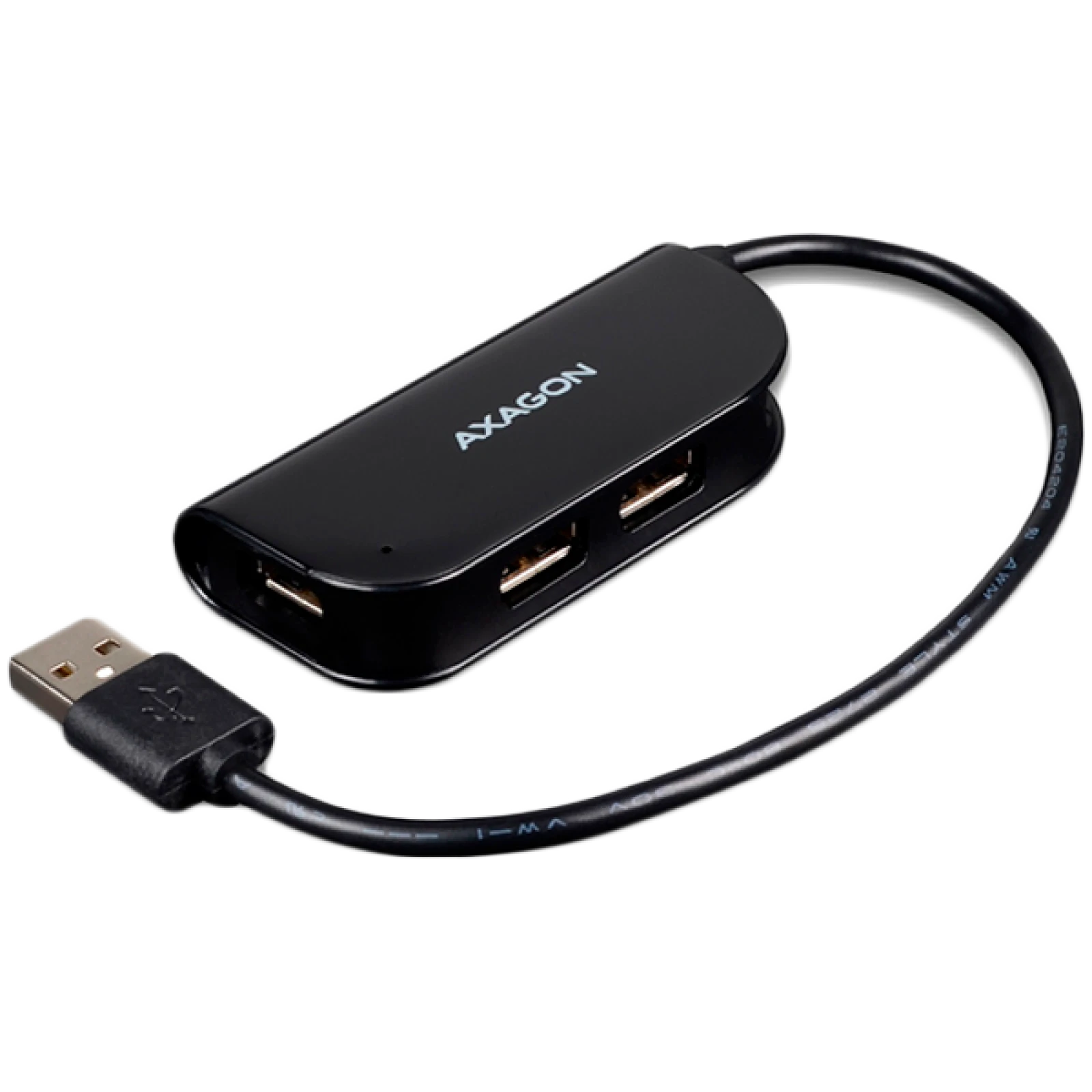 Axagon Handy keturių prievadų USB 2.0 šakotuvas su nuolat prijungtu USB kabeliu. Juodas.