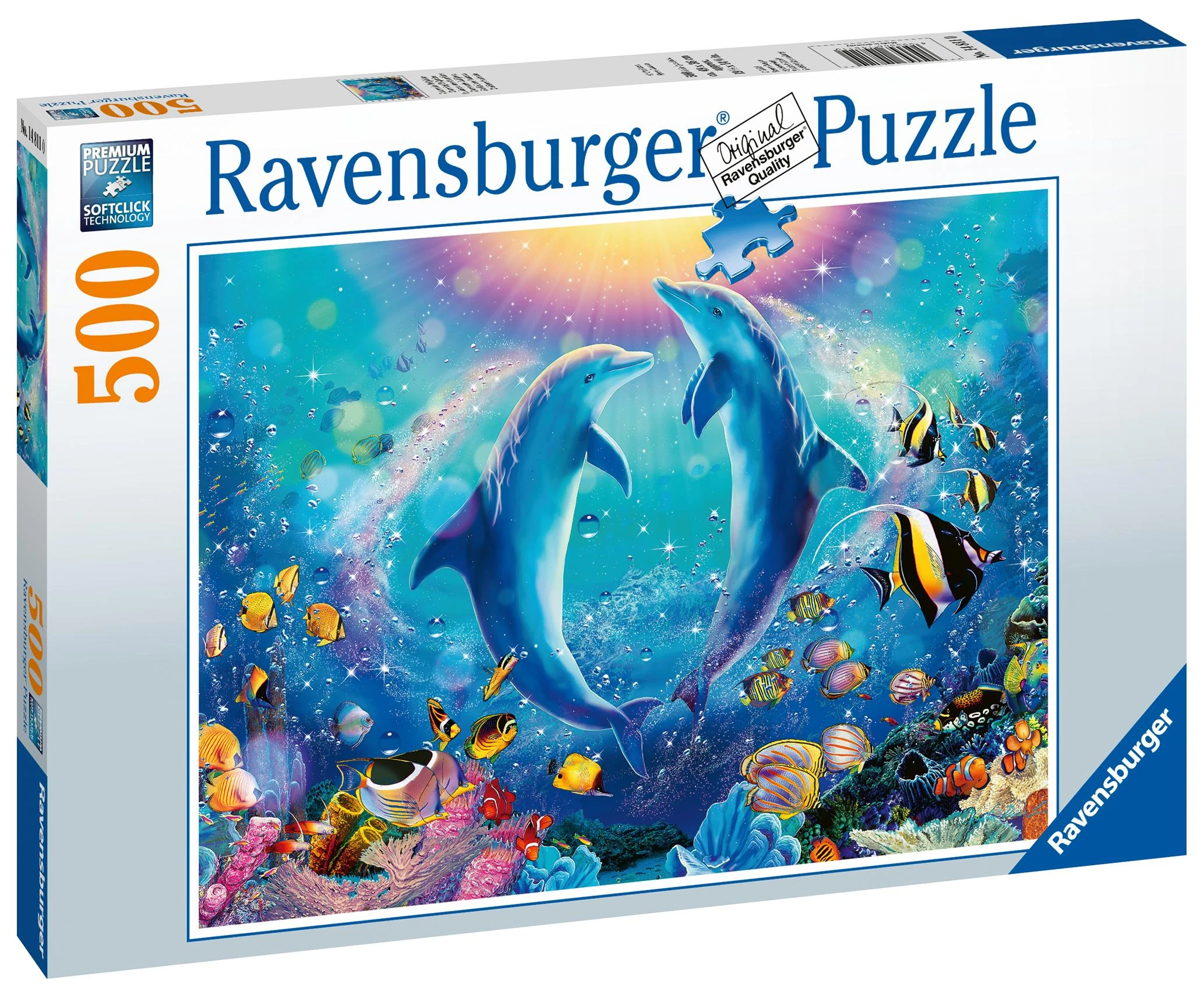 Dėlionė „Ravensburger Puzzle 500“ – galvosūkis „Šok su delfinais“.