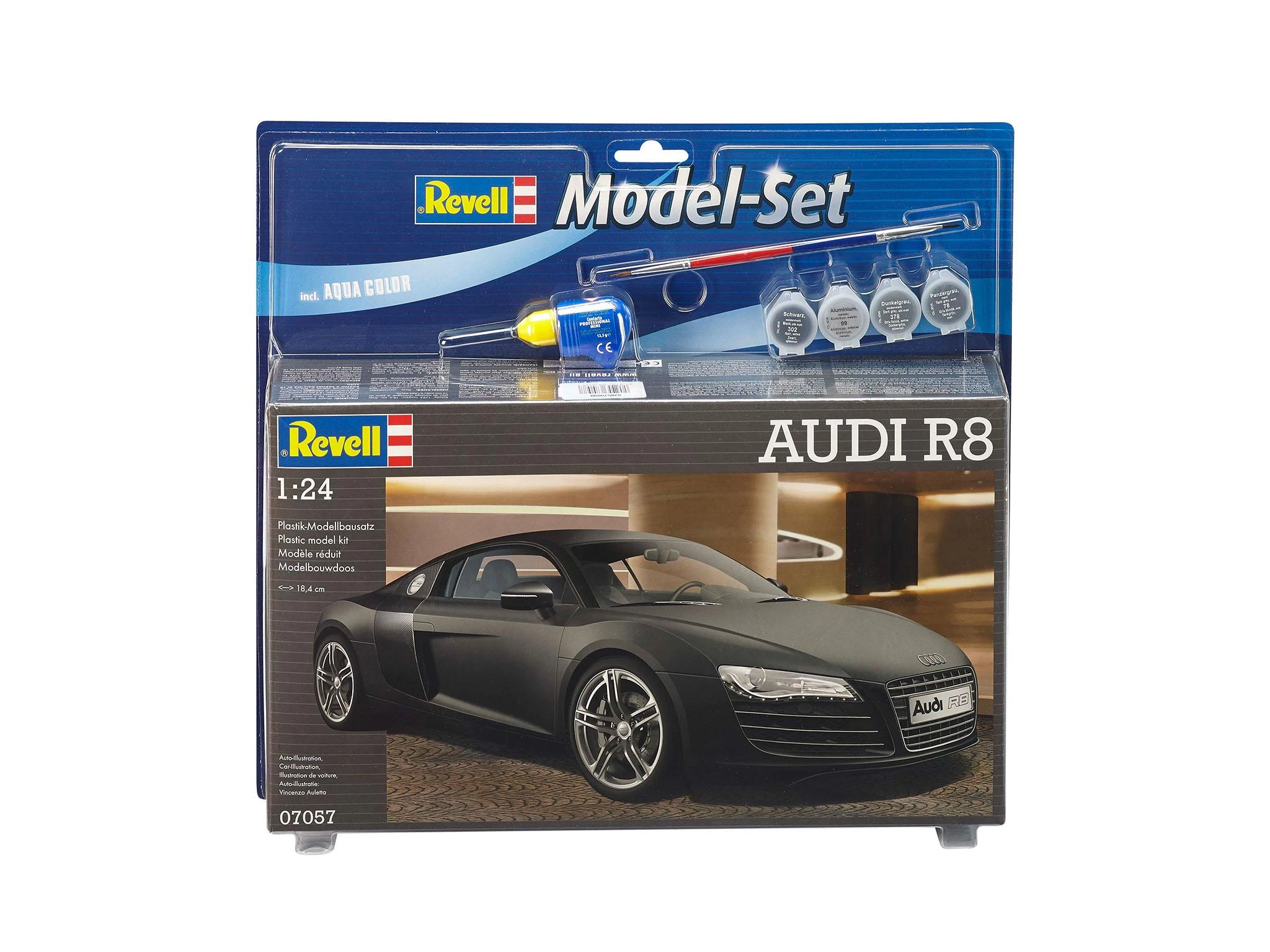 Revell Audi R8 1:24 dovanų rinkinys – plastikinis modelis su dažais ir klijais
