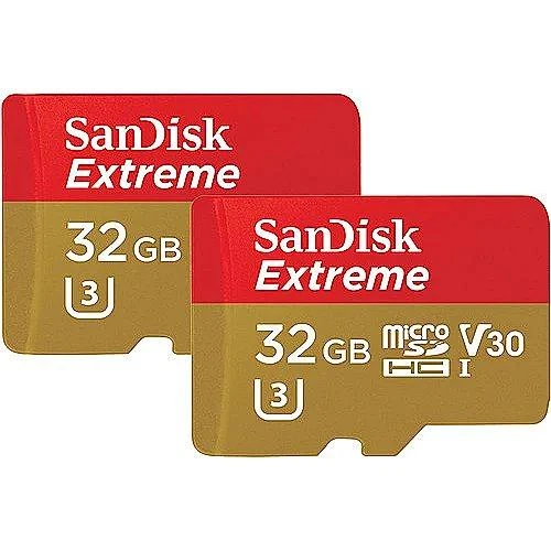 Atminties kortelė SanDisk Extreme Micro SDHC 32GB + SD Adapteriai veiksmo sporto kameroms - Twin Pack - 100MB/s A1 C10 V30 UHS-I U3; EAN: 619659155117