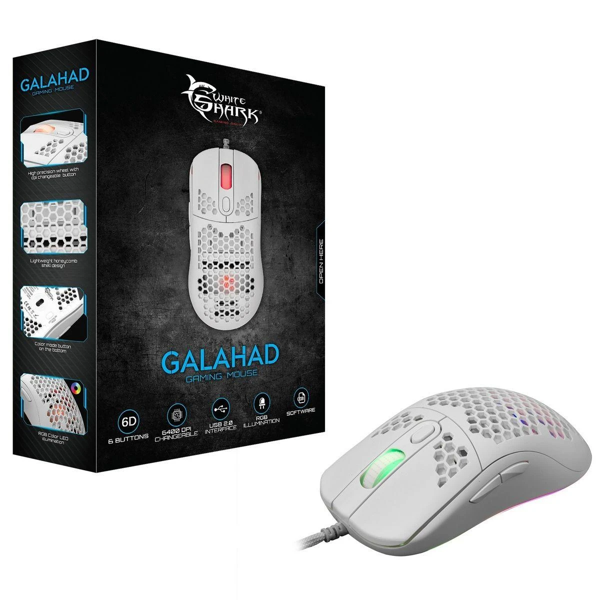 Itin lengva žaidimų pelė White Shark Galahad White, 72g
