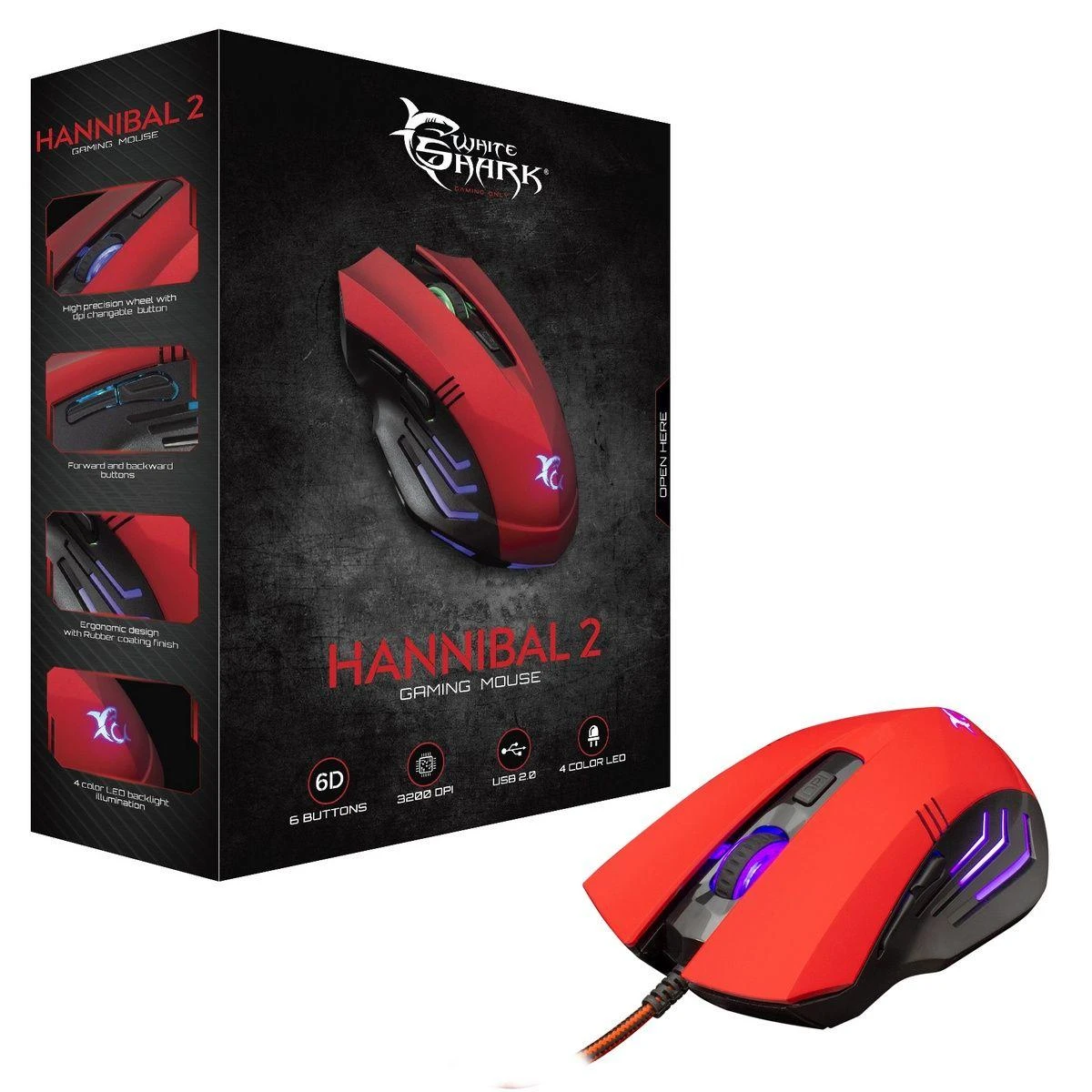 Žaidimų pelė White Shark Hannibal 2, su pašvietimu, 6 mygtukai, Raudona